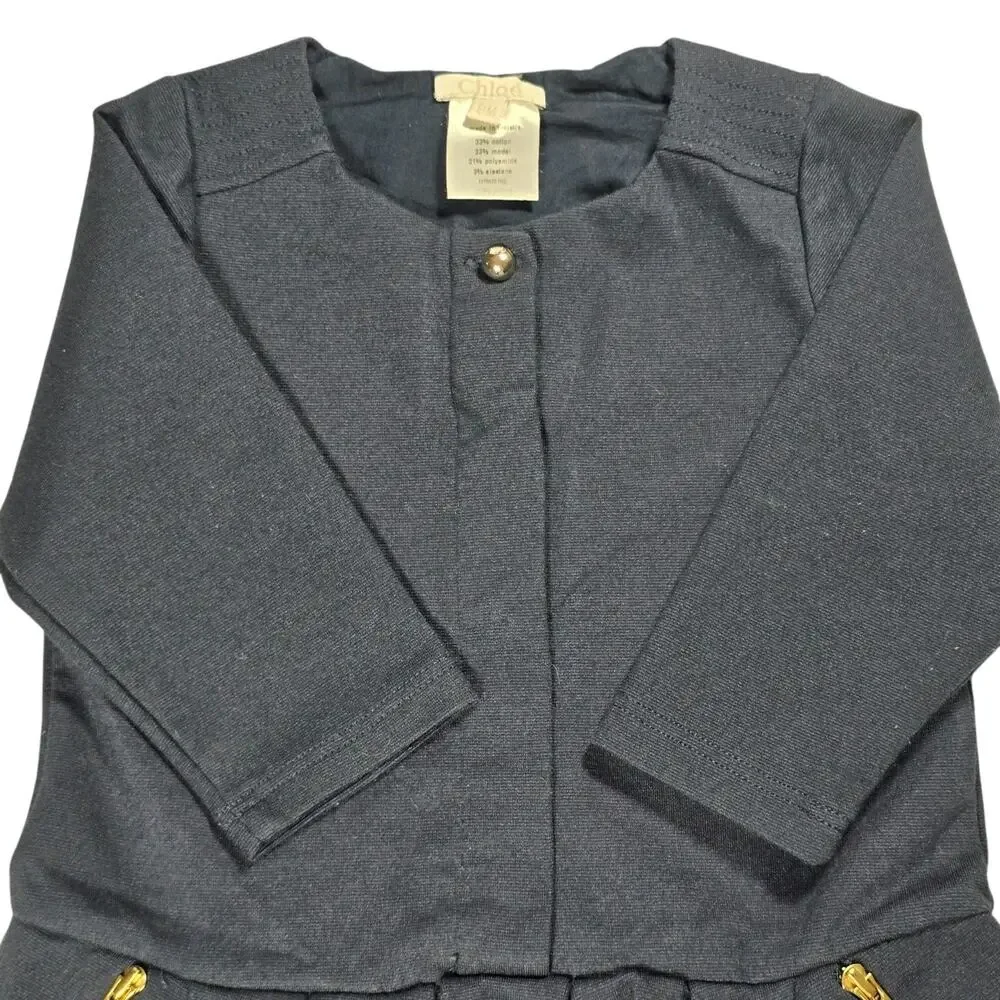 Chloé Baby Girl Navy Jersey Pleated Dress with Gold Zip Pockets/Button - Size 9M